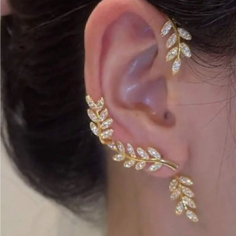 Free People Gold Leaf Crystal Ear Crawler Earrings
